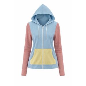 Lands End Womens XL Colorblock Rainbow Striped Full Zip Hoodie Blue Red Yellow